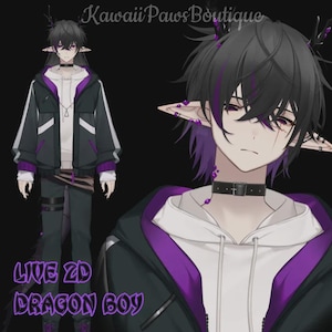 May include: Digital illustration of a character with black hair, purple highlights, and pointed ears. The character is dressed in a black jacket with purple trim, a white hoodie, and a black choker. The text "LIVE 2D DRAGON BOY" is displayed.