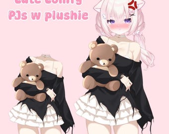 Pode incluir: Ilustração de uma personagem vestindo um vestido preto com os ombros de fora e uma saia branca com babados, segurando um bicho de pelúcia de urso marrom. O texto "Cute Comfy PJs w plushie" é exibido em rosa acima da personagem.