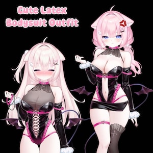 May include: Two anime-style illustrations of a woman wearing a black and pink latex bodysuit outfit. The text "Cute Latex Bodysuit Outfit" is at the top. The outfit includes a choker, garters, and bat-wing accents.