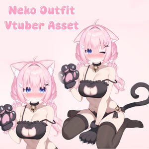 Puede incluir: Ilustración de un Neko Outfit Vtuber Asset. La imagen presenta dos personajes de estilo anime con cabello rosa, orejas de gato y atuendos negros. Los atuendos incluyen un top, pantalones cortos y guantes con forma de pata. El texto "Neko Outfit Vtuber Asset" se muestra en rosa.