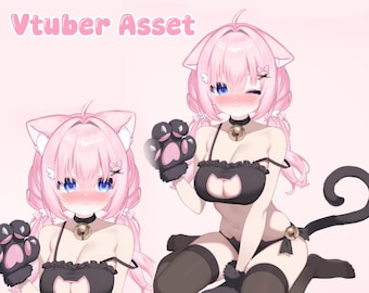 May include: Illustration of a Neko Outfit Vtuber Asset. The image shows two anime-style characters with pink hair, cat ears, and black outfits. The outfits include a top, shorts, and paw-shaped gloves. The text "Neko Outfit Vtuber Asset" is displayed in pink.