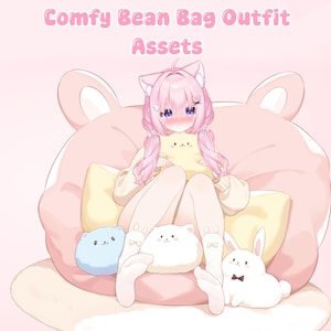 May include: An illustration featuring a pink bean bag chair and a cartoon character with cat ears, holding a yellow plush. The image includes a blue cloud, a white cat, and a white bunny plush toys. Text at the top reads "Comfy Bean Bag Outfit Assets."