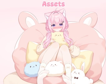 May include: Illustration of a pink bean bag chair with a cartoon character wearing cat ears and holding a yellow plush. The image includes several plush toys: a blue cloud, a white cat, and a white bunny. Text at the top reads "Comfy Bean Bag Outfit Assets."