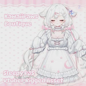 May include: A digital illustration of a character in a white dress with long sleeves, adorned with pink stars and a crescent moon. The character has white hair and is wearing a nightcap with a 'Z' on it. Text on the image reads 'KawaiiPaws Boutique' and 'Sleepy PJS Vtuber Rigged Asset'.
