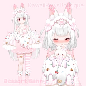 May include: Illustration of a dessert-themed bunny girl with white hair and red eyes, wearing a pink dress with a dessert design. The image includes the text "KawaiiPawsBoutique" and "Dessert Bunny".