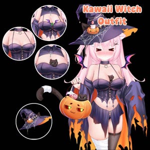 Puede incluir: Se muestra un Kawaii Witch Outfit, que presenta un vestido morado oscuro con un corpiño estilo corsé y un detalle de gato negro. El atuendo incluye un sombrero de bruja con una calabaza y una telaraña, y una bolsa con forma de calabaza. El texto "Kawaii Witch Outfit" es visible.
