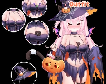 May include: A Kawaii Witch Outfit is displayed, comprising a dark purple dress with a corset bodice and a black cat motif. The ensemble includes a witch's hat adorned with a pumpkin and spiderweb, and a pumpkin-shaped bag. The text "Kawaii Witch Outfit" is visible.