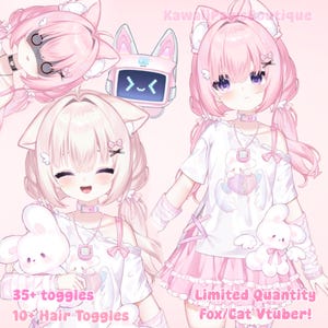 以下が含まれることがあります： ピンクと白のFox/Cat Vtuberをテーマにしたデジタルアート。画像には、ピンクの髪、猫耳、お揃いの衣装のキャラクターの複数のイラストが描かれています。テキストには「35+ toggles」、「10+ Hair Toggles」、および「Limited Quantity Fox/Cat Vtuber！」が含まれています。