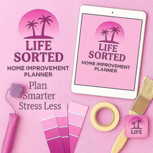 以下が含まれることがあります： ピンクと白のタブレットに、ヤシの木のロゴと「LIFE SORTED HOME IMPROVEMENT PLANNER」の文字が表示されています。画像には、ピンクの色合いのペイントローラー、ペイント見本、テープ、ブラシが含まれています。「Plan Smarter Stress Less」の文字も表示されています。