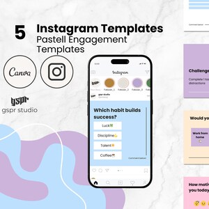 May include: Image of five Instagram templates in pastel shades. The templates feature Canva and Instagram logos, and interactive prompts such as "Which habit builds success?" and "Would you rather...?" are displayed.