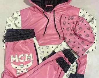 Luxury MCM 3 Piece Tracksuits Designer MCM Leather Suits  pant+jacket+bucket hat