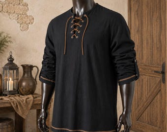 Men’s Renaissance Viking Shirt | Pure Cotton Pirate Tunic | Medieval Lace Up Top | LARP Halloween Costume