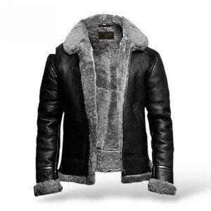 Men’s B3 Black Leather Bomber Jacket | Faux Shearling Aviator Flight Coat | Sheepskin Pilot Winter Jacket | Vintage Military Outerwear Gift