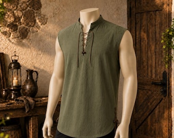 Men’s Medieval Viking Shirt, Sleeveless Lace Up Cotton Tunic, Renaissance Pirate Ren Faire Halloween Costume