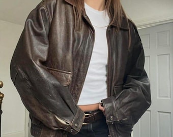 Women’s Oversized Brown Leather Bomber Jacket – Vintage Aviator Flight Coat – Retro 90s Streetwear Outerwear – Casual Biker Style Jacket