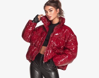 Women’s Oversized Red Quilted Puffer Jacket - Lightweight Bubble Down Coat - Winter Streetwear Jacket