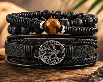 Tribal Leather Bracelet Men Women, Tree of Life Charm, Tiger Eye Beads, Lava Rock Stone Bracelet, Handmade Style Gift
