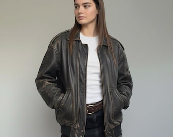 Women’s Distressed Brown Leather Jacket – Oversized Bomber Coat, 90s Vintage Outerwear