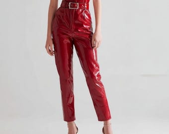 Women’s Red Slim Fit Lambskin Leather Pants – Genuine Leather Skinny Trousers with Back Zipper Pockets – High Waist Leather Leggings
