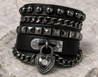 Heart Pendant Leather Bracelet, Black Punk Cuff, Studded Rivet Chain Wristband, Gothic Fashion Accessory
