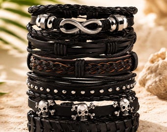 Punk Rock Leather Bracelet Set, Braided Wrap Wristbands for Men, Gothic Fashion Jewelry, Biker Accessories
