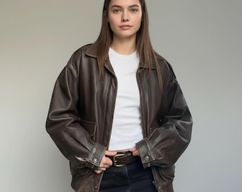 Oversized Brown Leather Jacket for Women – Vintage 90s Bomber Coat, Distressed Retro Streetwear Outerwear