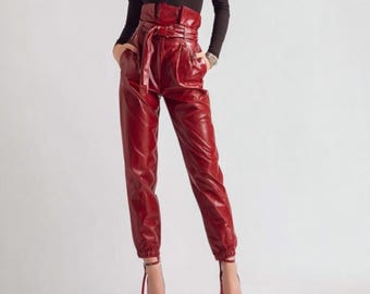 Women’s Red High Waist Leather Pants with Belt – Genuine Leather Rib Ankle Trousers – Party Leather Pant