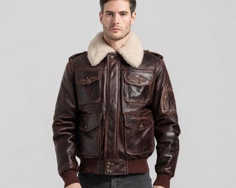 Men’s Distressed Black Leather Bomber Jacket with Shearling Collar | Black Aviator Flight Jacket | Vintage Military Pilot Coat