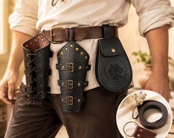 3PCS Viking Costume Accessories, Medieval Leather Belt Pouch & Bracers, Renaissance Faire Outfit, LARP Festival Gear