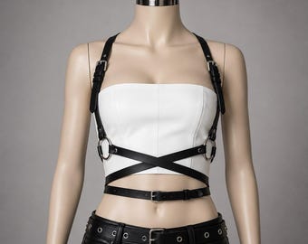 Women’s Gothic Body Harness, PU Leather Chest Waist Belt, Punk Rave Harness Top, Festival Outfit Accessory, Alternative Goth Wear