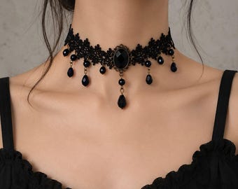 Vintage Gothic Choker Necklace, Black Lace Collar, Victorian Goth Jewelry, Halloween Costume Accessory