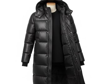 Abrigo largo acolchado de cuero negro con capucha para hombre: parka de invierno de cuero auténtico, abrigo cálido y acolchado.