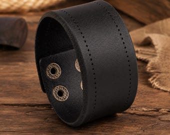 Leather Wristband for Men Women, Wide Cuff Bracelet, Rustic Leather Jewelry, Motorcycle Biker Accessory