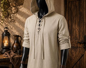 Renaissance Faire Hooded Shirt Men Cotton Viking Pirate Medieval Tunic Lace Up Halloween Cosplay Festival Costume