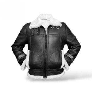 Men’s B3 Black Leather Bomber Jacket | Faux Shearling Aviator Flight Coat | Sheepskin Pilot Winter Jacket | Vintage Military Outerwear Gift