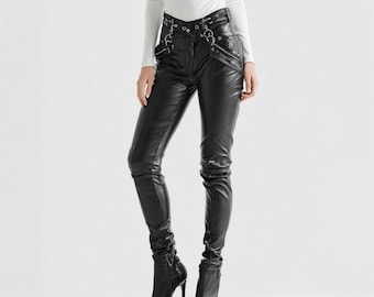 Black Slim Fit Women’s Leather Pants with Belt – Genuine Lambskin High Waist Trousers – Chic Skinny Leather Leggings