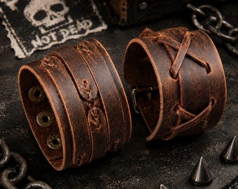 2PCS Punk Leather Cuff Bracelet Set for Men Women, Vintage Braided Leather Wristbands, Brown Black Gothic Biker Wrap Bracelet