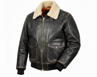 Men’s Aviator Leather Jacket | Distressed Black Pilot Bomber with Faux Shearling Collar | Vintage Military Style Jacket
