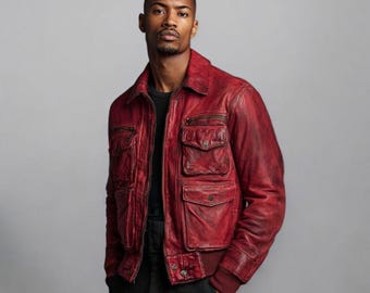 Men’s Distressed Red Leather Bomber Jacket – Vintage Aviator Flight Coat – Retro Military Style Pilot Outerwear – Gift for Him