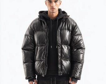 Chaqueta acolchada de piel de cordero negra extragrande con capucha para hombre – Abrigo de motociclista estilo urbano – Ropa de invierno para motociclistas