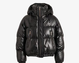 Chaqueta acolchada de cuero negro para hombre / Abrigo acolchado extragrande de cuero genuino / Chaqueta acolchada de invierno con capucha