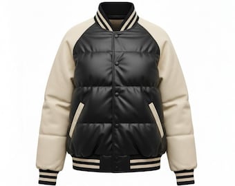 Chaqueta universitaria acolchada para hombre / Chaqueta bomber acolchada negra y crema / Abrigo de invierno estilo Letterman