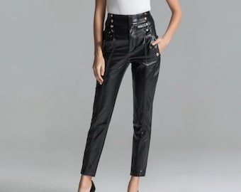 Pantalones de cuero negro ajustados para mujer, hechos a mano – Pantalones de cintura alta de piel de cordero auténtica – Leggings de cuero ajustados y elegantes