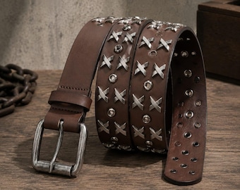 Punk Studded Belt Men, Metal Rivet X Design Belt, Gothic Rock Fashion Belt, Y2K Grunge Waist Strap for Jeans and Pants