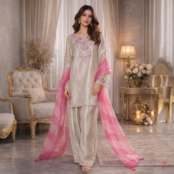Designer Sheesha Silk Farshi Shalwar Suit | Pakistani Indian 3PC Salwar Kameez | Luxury Eid & Festive Outfit