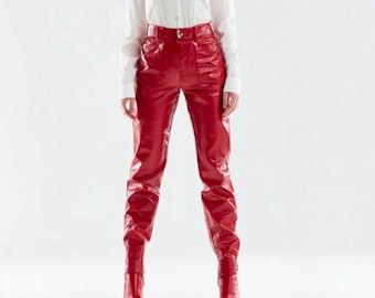 Women’s Red Slim Fit Lambskin Leather Pants – Genuine Leather Skinny Trousers with Back Zipper Pockets – High Waist Leather Leggings