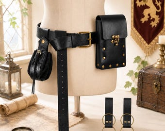 Renaissance Medieval Leather Belt Pouch Set, Pirate Utility Belt with Phone Holder & Coin Pouch, LARP Halloween Costume