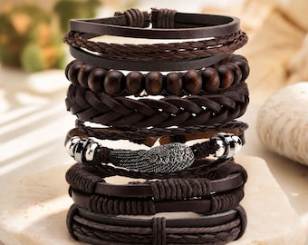 6PCS Braided Leather Bracelet Set for Men Women, Punk Gothic Wrap Bracelets, Adjustable Biker Wristbands, Rocker Jewelry Gift