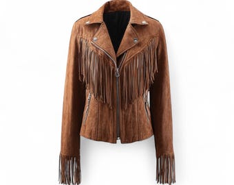 Women’s Brown Suede Fringe Jacket | Real Suede Leather Western Cowgirl Coat | Boho Fringe Festival Jacket for Women | Western Style Jacket