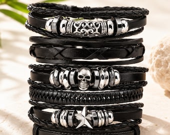 Gothic Leather Bracelet Set for Men Women, Punk Rock Wrap Bracelets, Braided Wristbands, Alternative Jewelry Gift